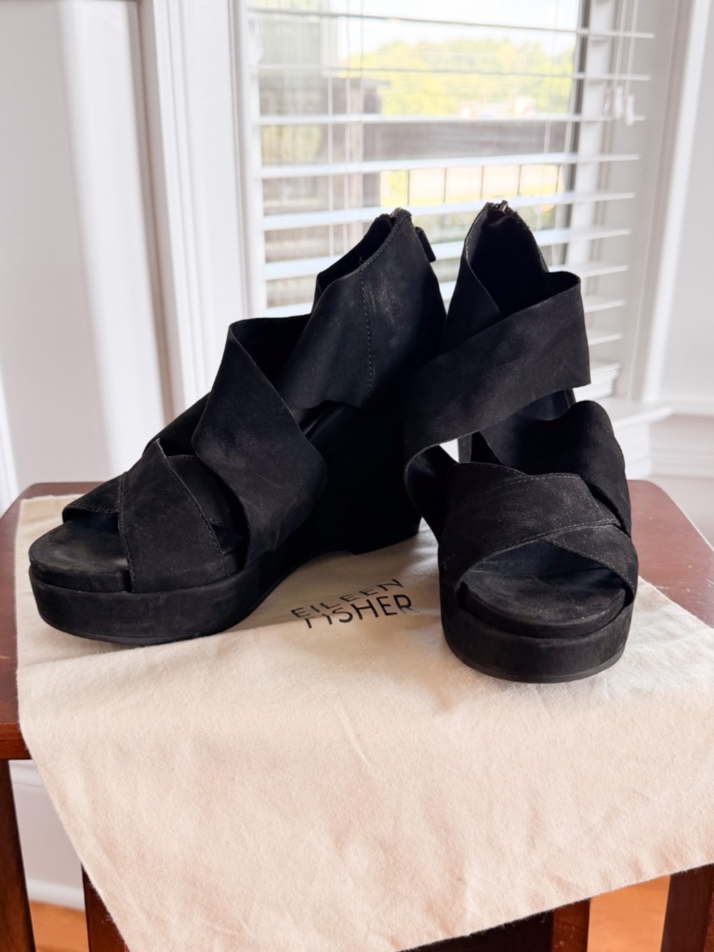 Eileen Fisher Black Suede Platform Wedges Size 7.5